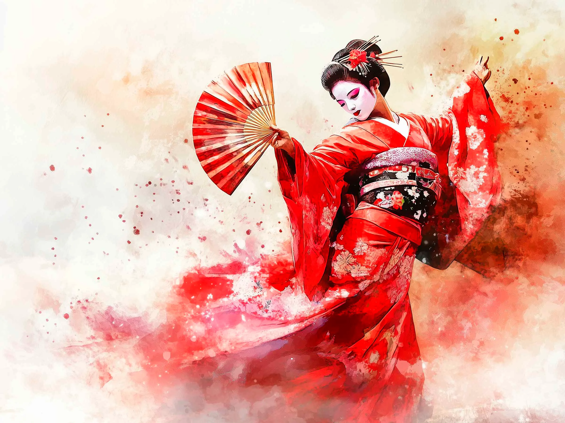 Geisha che danza con ventaglio tipico